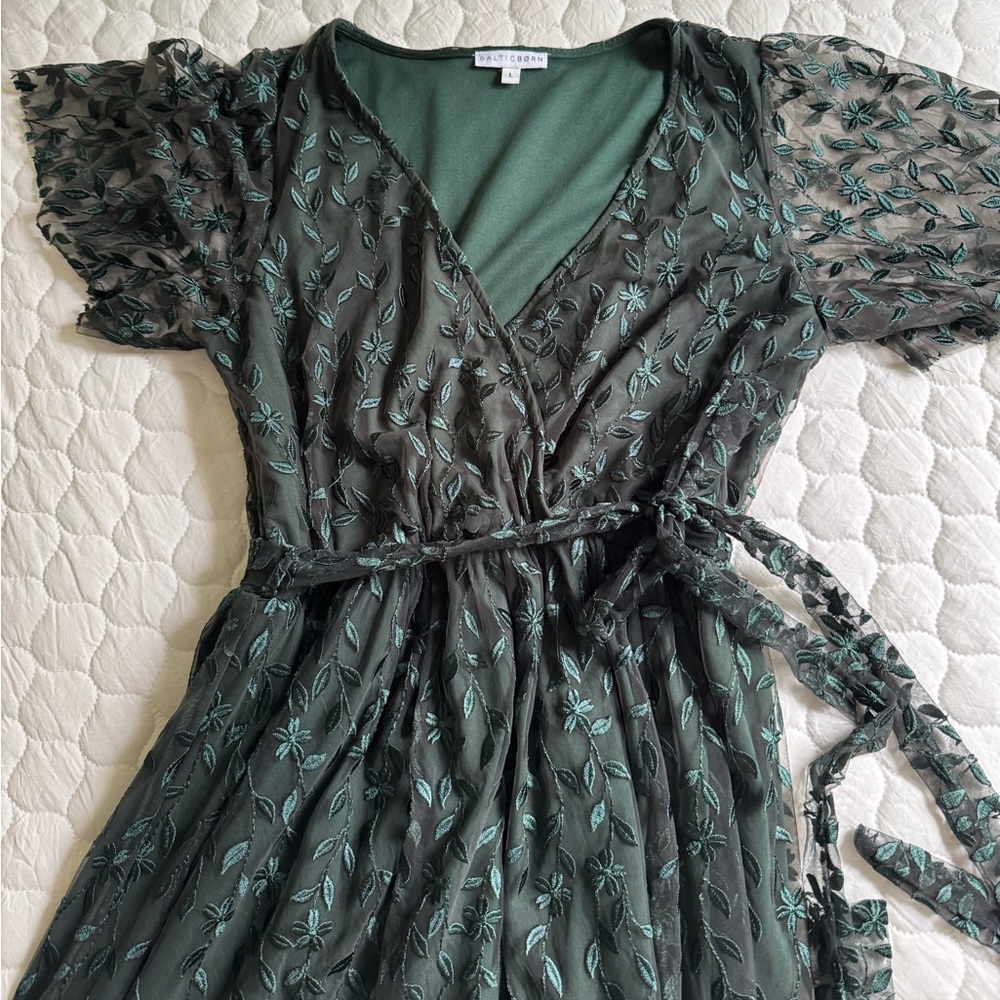 Sorel Forest Green Embroidered Wrap Dress